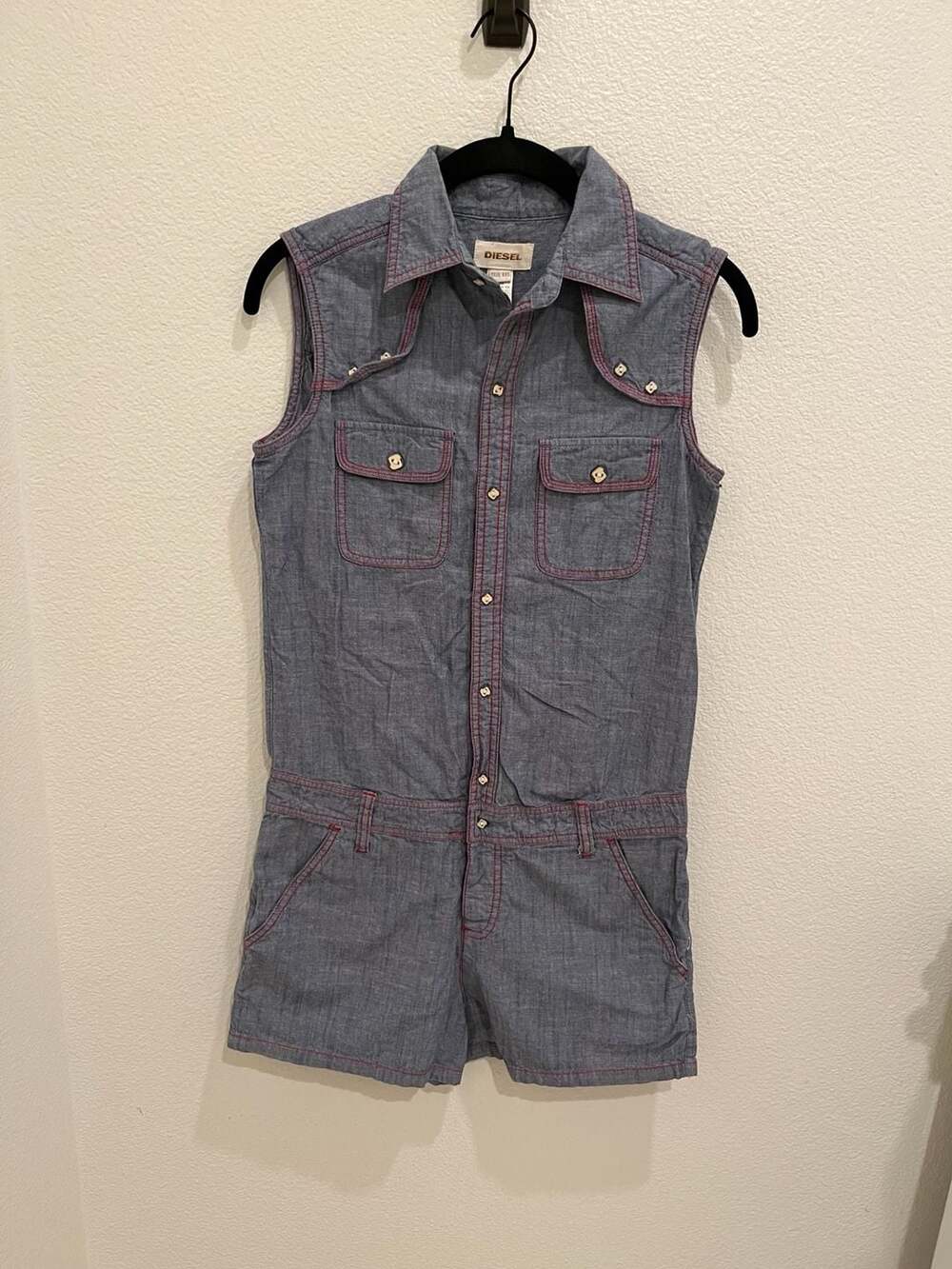 Diesel sleeveless button-up denim romper with contrast red stitching